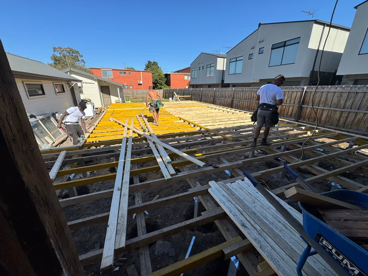 New timber floor frame with yellow bearers going down
