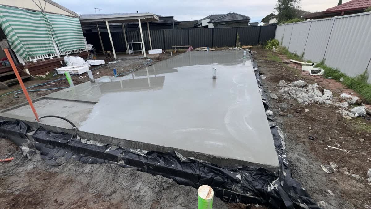 Freshly poured concrete slab for the granny flat
