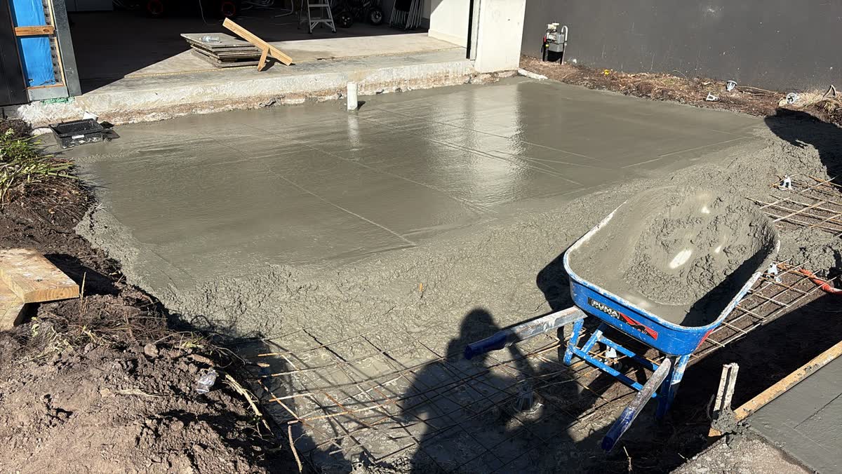 Freshly poured and finished concrete slab around the turntable